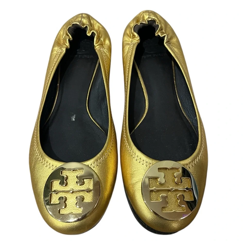 Tory Burch‎ Womens Metallic Logo Reva Leather Ballet Flats Size: 10.5 50008619